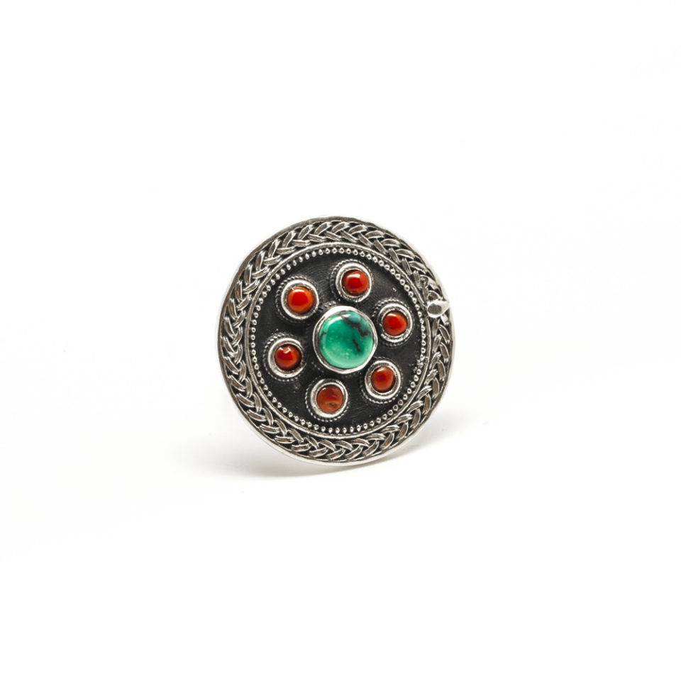 Bague Bouclier Turquoise et corail